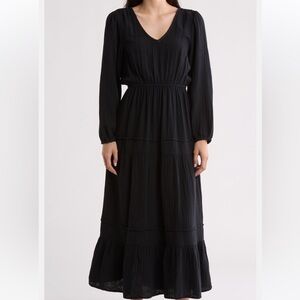 Maisie Long Sleeve Tiered Cotton Midi Dress, BLACK, Size Medium